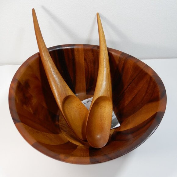 Nambe Harmony 3 Piece Salad Set Bowl & Tongs Brown Acacia Wood NEW $103 - Picture 11 of 13